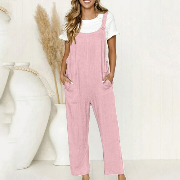 Wiyuqeen Linen Overalls for Women Sleeveless Scoop Neck Casual Jumsuits Summer Solid Color Jumpers Loose Fit Rompers with Pockets