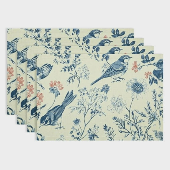 BCIIG Chinoiserie Placemats Set of 4, Blue Birds Floral Porcelain Washable Heat Resistant Place Mats for Spring Summer Seasonal Kitchen Party Dining Table Decoration 18x12in