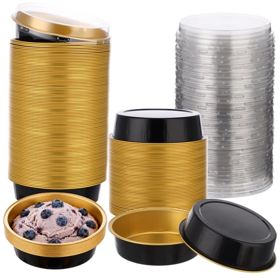 120 Sets Mini Pie Pans with Lids, 7.1 oz Disposable Aluminum Foil Baking Cups, 3.9 in Round Oven Safe Ramekins, Ideal for Wedding, Christmas, Kitchen, Party Cake & Creme Brulee Baking (Black & Gold)