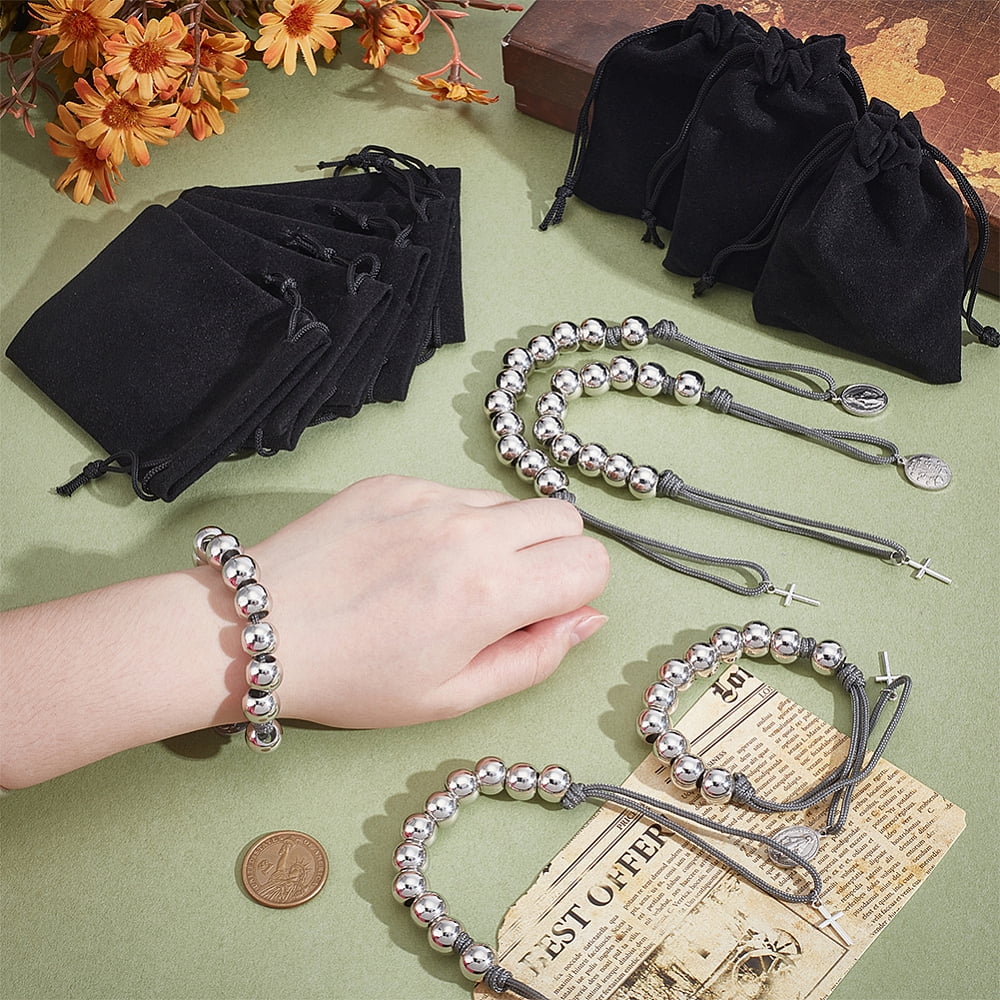 16 Sets Pocket Rosary Bracelets One Decade Cord Rosary Beads Gift with Charm Velvet Bag for Baptism Favors