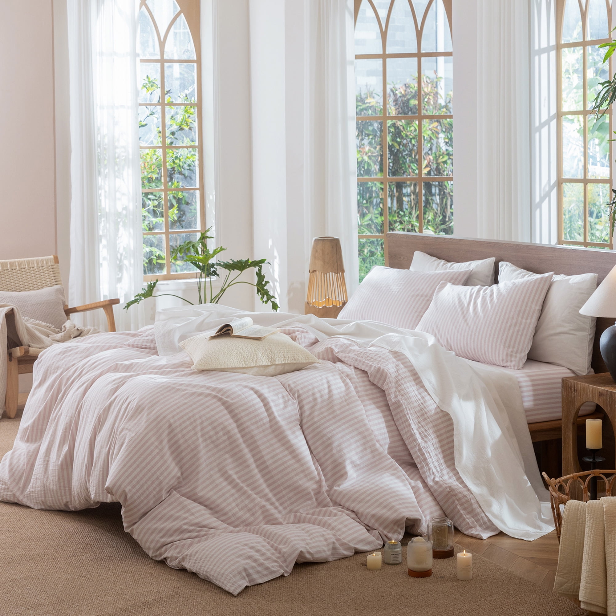 MooMee Striped Duvet Cover Set King 100% Washed Cotton Linen Like Textured Breathable 3-Piece (Greyish Pink& White Classic Stripes, 104"x90")