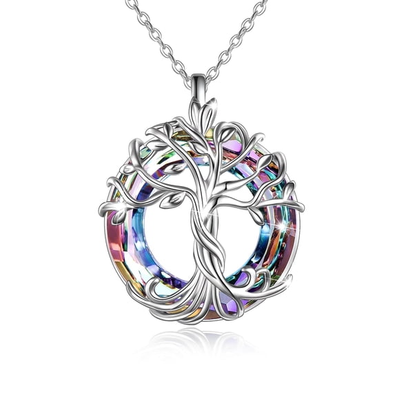 JKR Tree of Life Necklace Sterling Silver with Purple Circle Crystal Jewelry Gifts for Mom Women Wife Birthday Friends Graduation