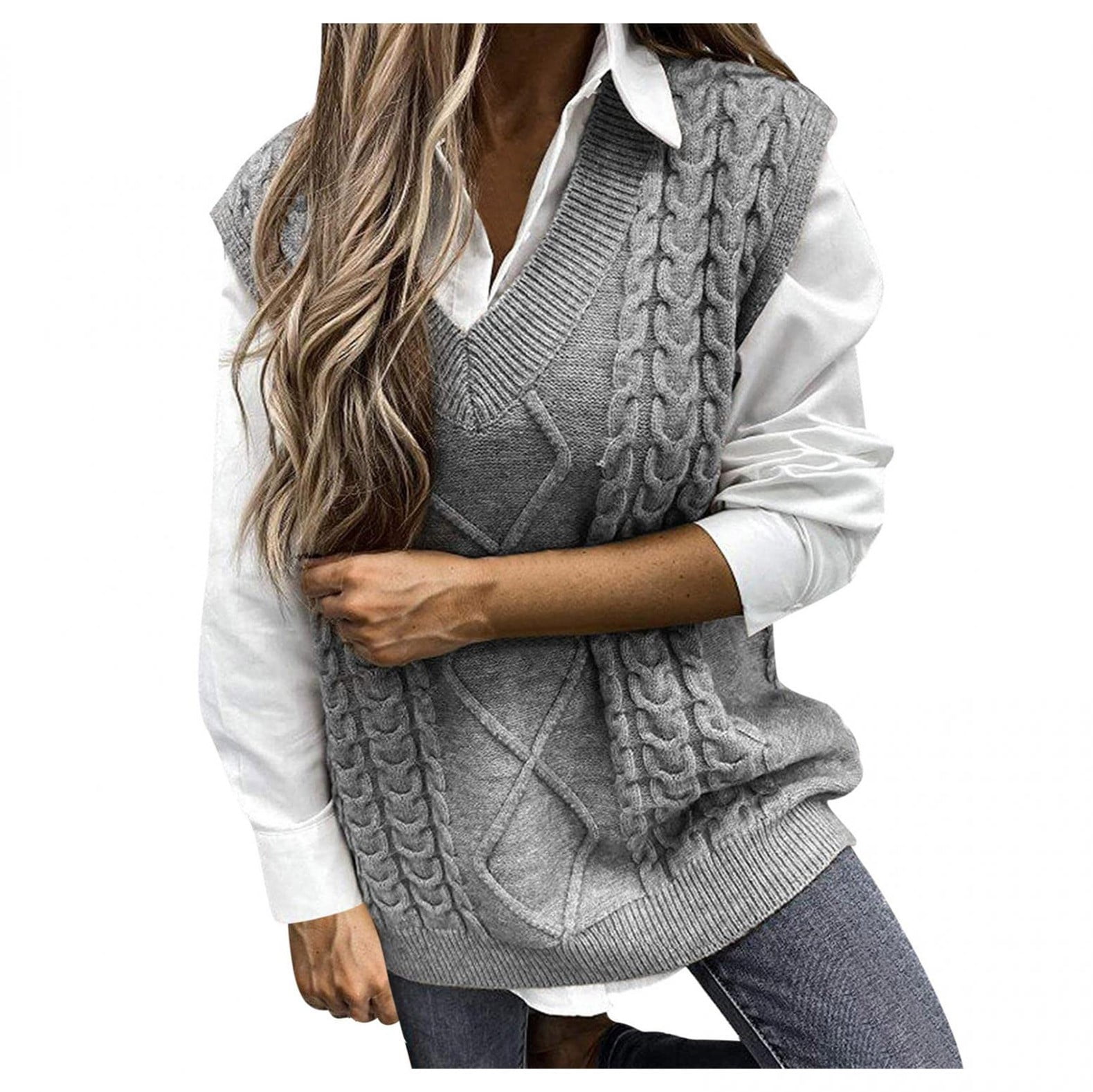 Sweater Vest Women Oversized V Neck Sleeveless Sweaters Womens Cable ...
