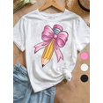 thumbnail image 1 of 1pc Coquette Bow Pencil Graphic Cotton T-Shirt - Cute Cartoon Print Loose Fit Crew Neck Short Sleeve, Breathable Soft Fabric for Boys Girls Teens, Casual Teen Wear, Playful School Theme, 1 of 7