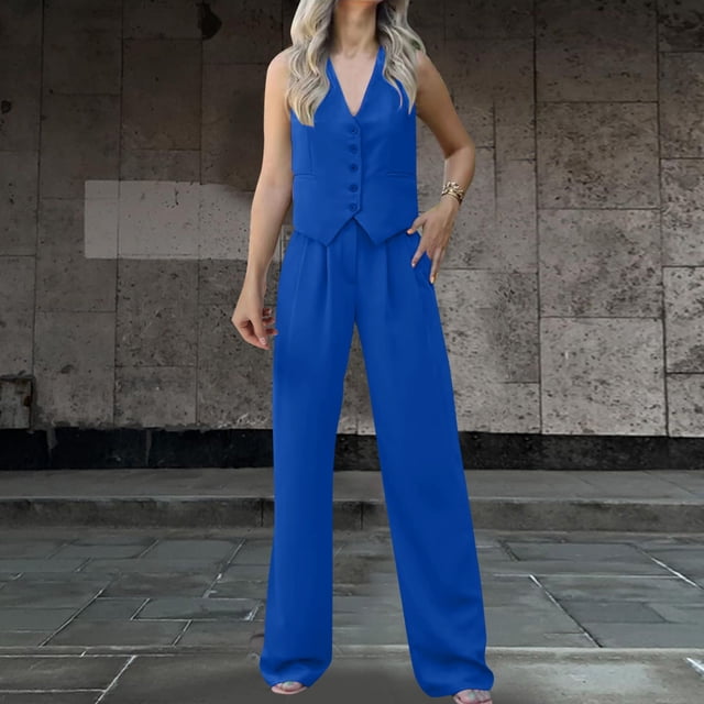 Womens 2pc Button Vest Shirt & Wide Leg Pants Set - Cotton Blend, Chest Design, Casual/Formal Outfit, S-XXL Sizes