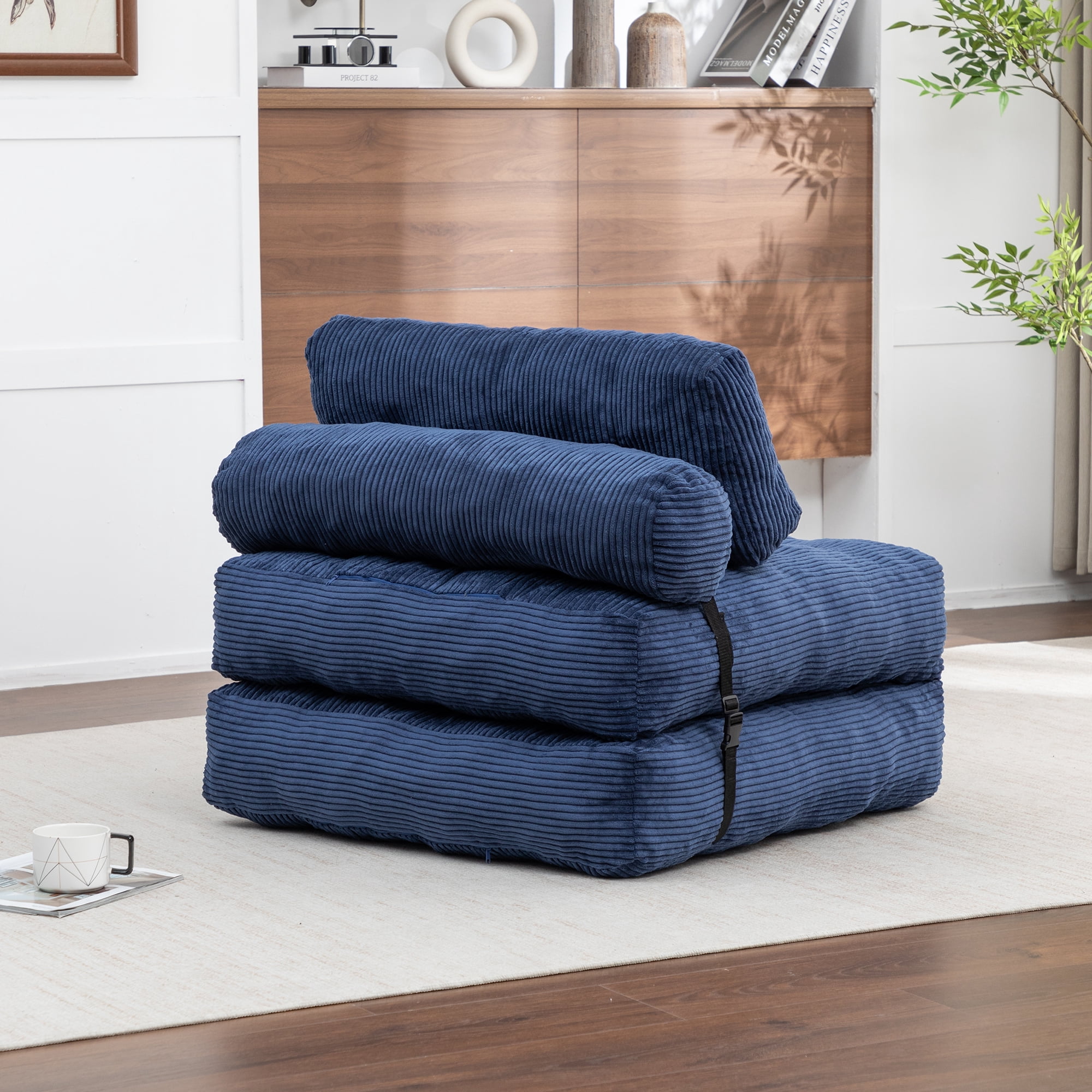 Folding Sofa Bed Chair with Pillow, Convertible Sleeper and Foldable Floor Mattress with Back Support for Living Room and Dorm, Dark Blue
