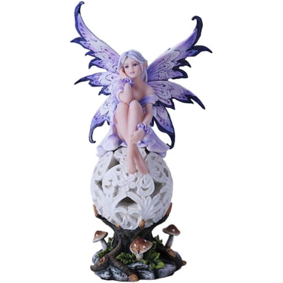 Fleur Élégante Violette Fée Assise sur Changeant de Couleur Led Orb Champignon Statue de Fée