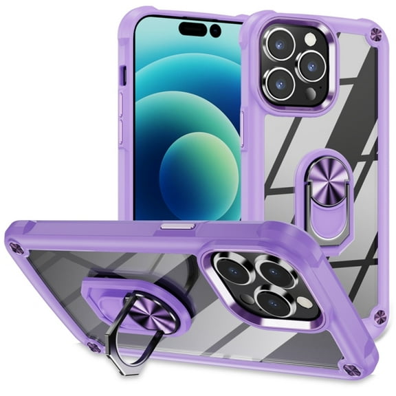 Tough Shield Snap-on Transparent Case with Ring Grip for iPhone 15 Pro Max - Purple