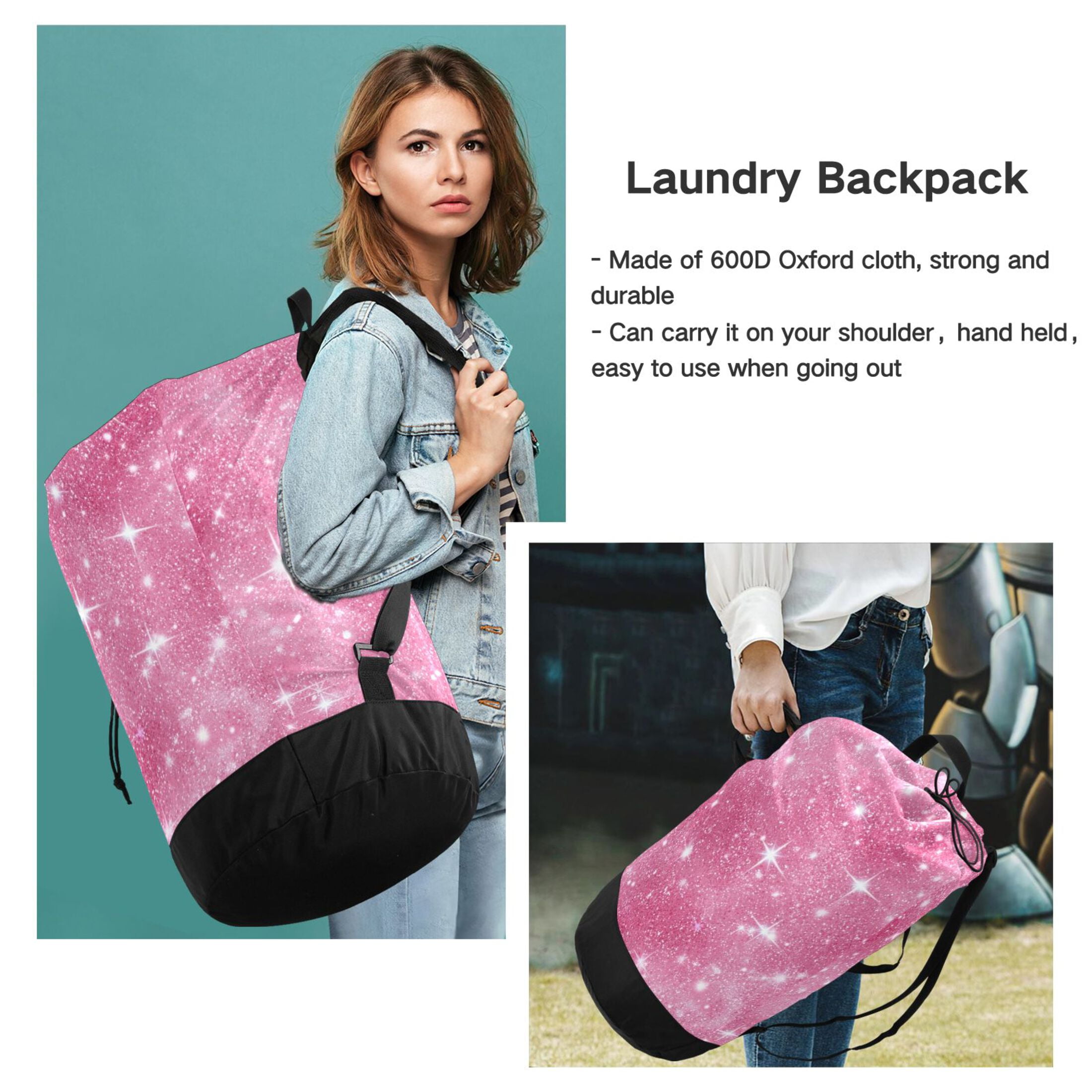 14.5x29.3in Laundry Backpack Bag with Drawstring & Adjustable Straps Heavy-Duty Wash Bag for Travel Storage Camping Pink Glitter Background