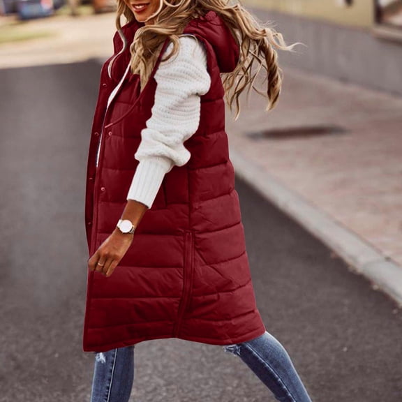 Guieoi Plus Size Winter Coats for Women Warm Pocket Hooded Coat Long Jacket Winter Sleeveless Down Parkas Red