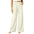 thumbnail image 3 of Women's Soft Cotton Loose Straight Leg Pants with Elastic Waist, Casual Wide Leg Trousers with Side Pockets, Tummy Control, Summer Breathable, Work Lounge | TruHer,Beige M, 3 of 8