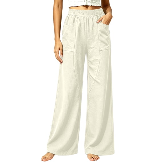 Guluxicc Women's Cotton Pants with Pockets Elastic Waist Wide Leg Long Trousers Everyday Wear for Summer Casual Outfits