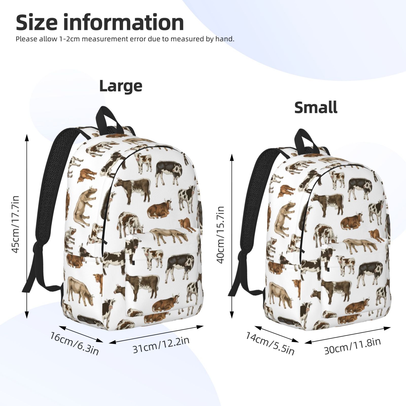 Picia Cow Printed Canvas Daypack - Stylish and Durable Vintage Compact Backpack - Class, Work, Travel, or Laptop Bookbag,Organized Compartments-Small
