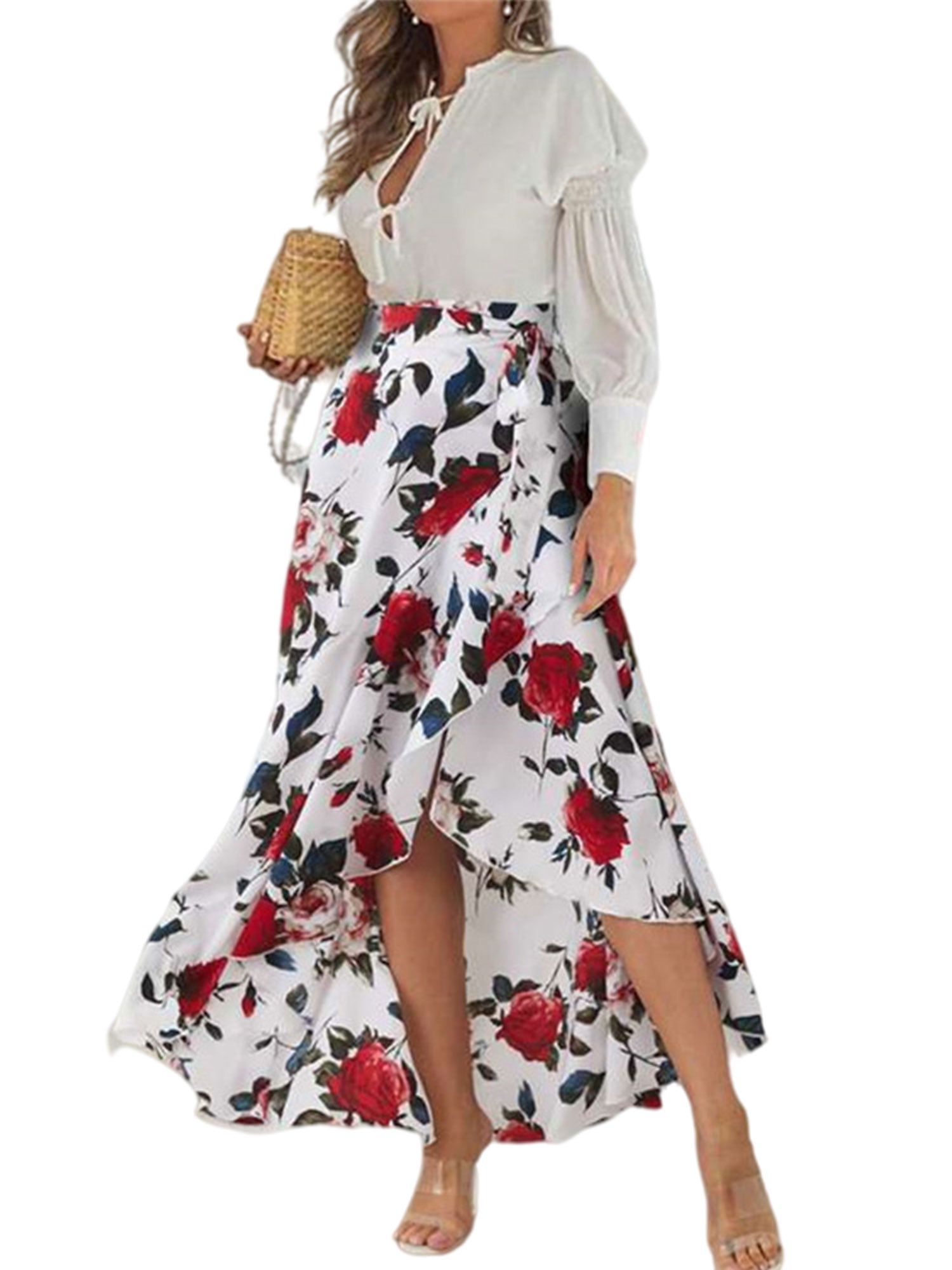 Red, M Women High Waist A Line Long Maxi Skirt Ladies Fashion Side Split Ruffles Bohemia Beach Swing Dress Plus Size 