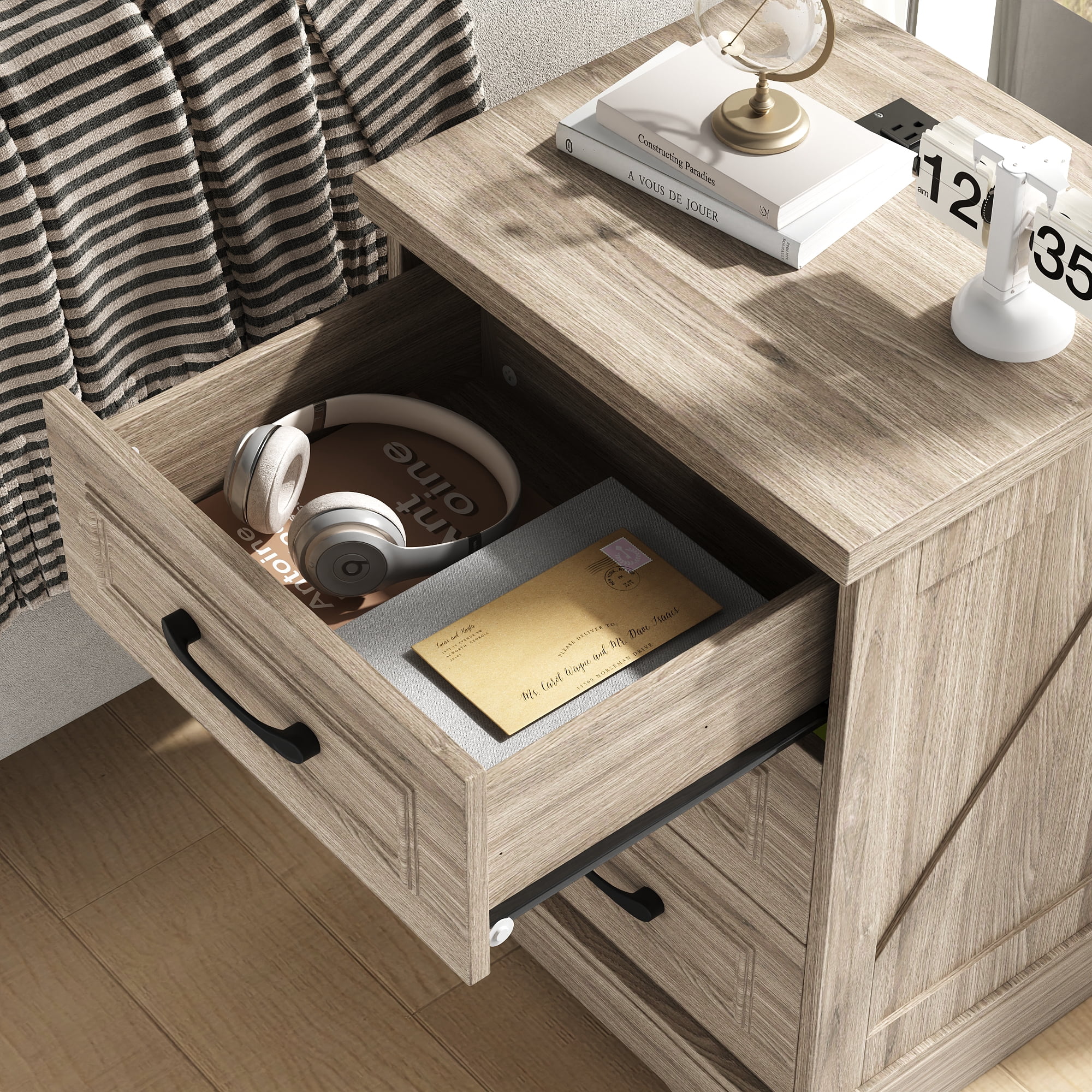IDEALSOUL Nightstand Set of 2, Gray Farmhouse End Table with Charging Station, 3 Drawers Storage