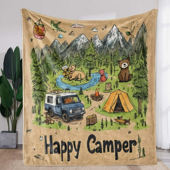 Vintage Happy Camper Flannel Blanket Soft Cozy All-Season Throw with Bear Tent Campfire & Mountain Design for Sofa Bed Car Camping