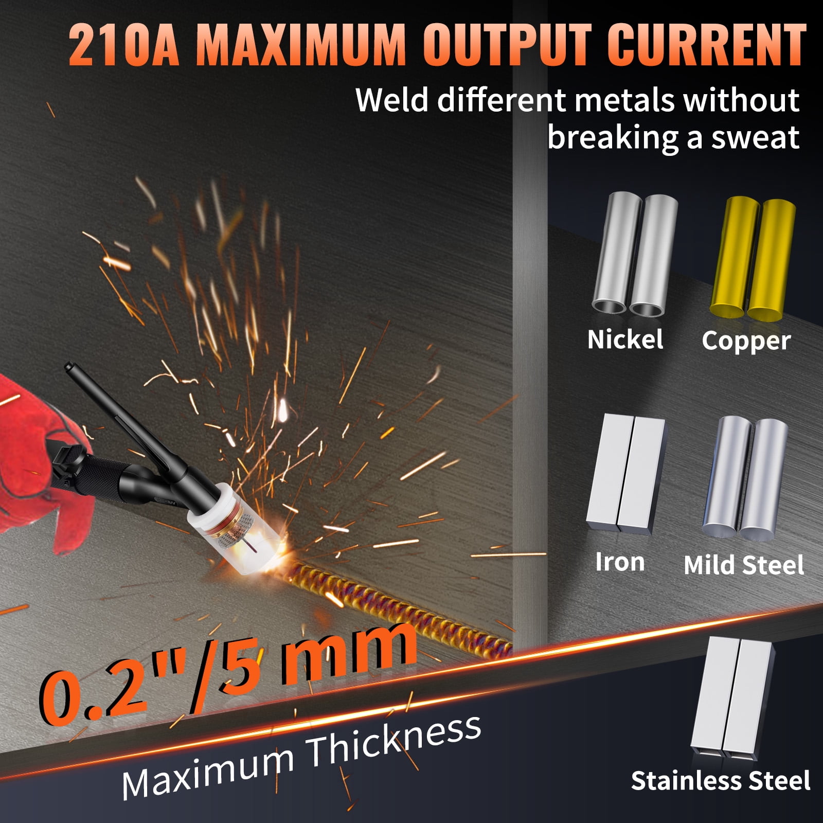 VEVOR 210Amp TIG Welder 110/220V Dual Voltage HF TIG/Stick/Clean 3 in 1 Welder w/ Pulse, IGBT Inverter & Torch, Digital Arc Welding Machine for Stainless Steel, Iron, Mild Steel, Copper, and Nickel