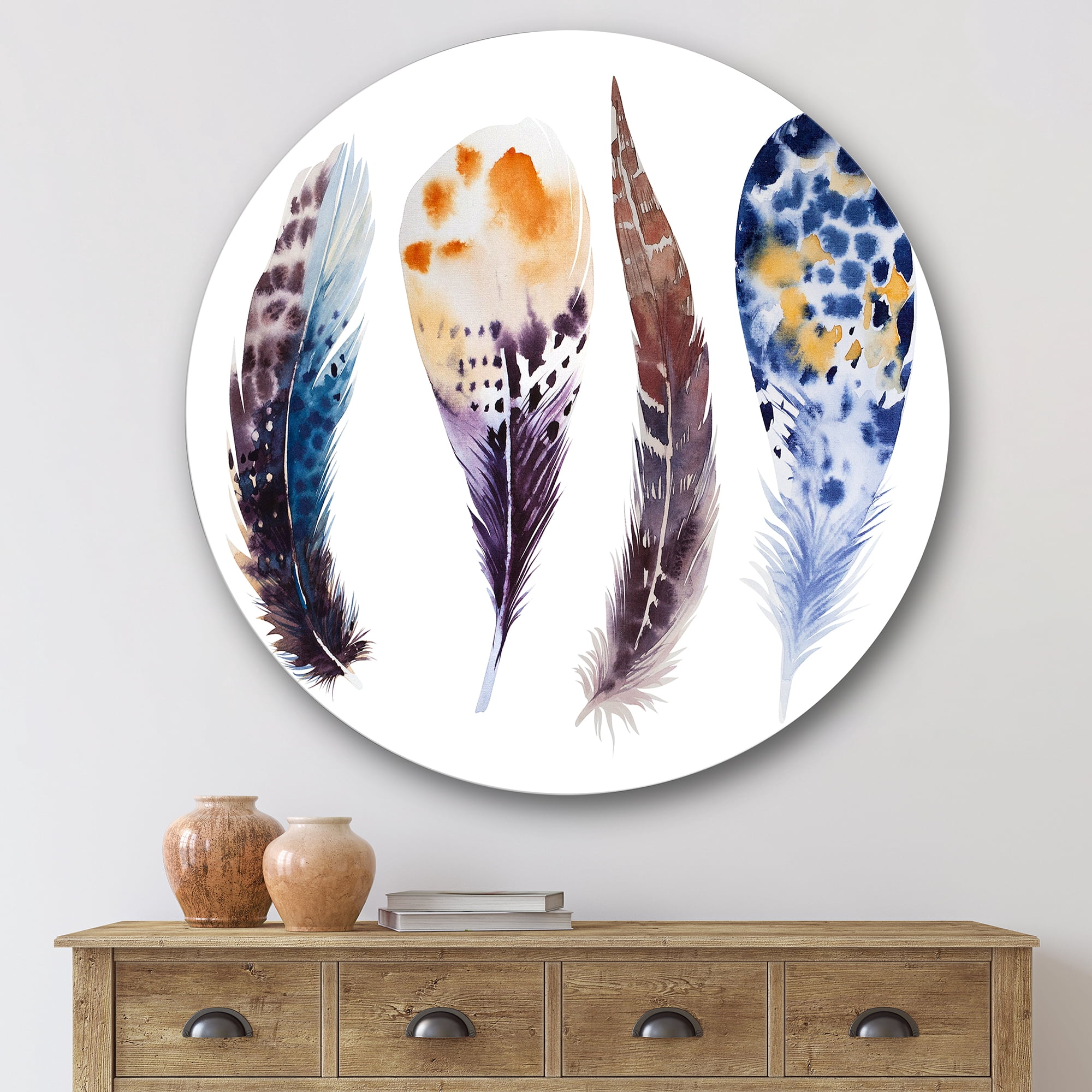 Designart 'Colourful Boho Feather Set On White VIII' Bohemian & Eclectic Circle Metal Wall Art 36x36 - Disc of 36