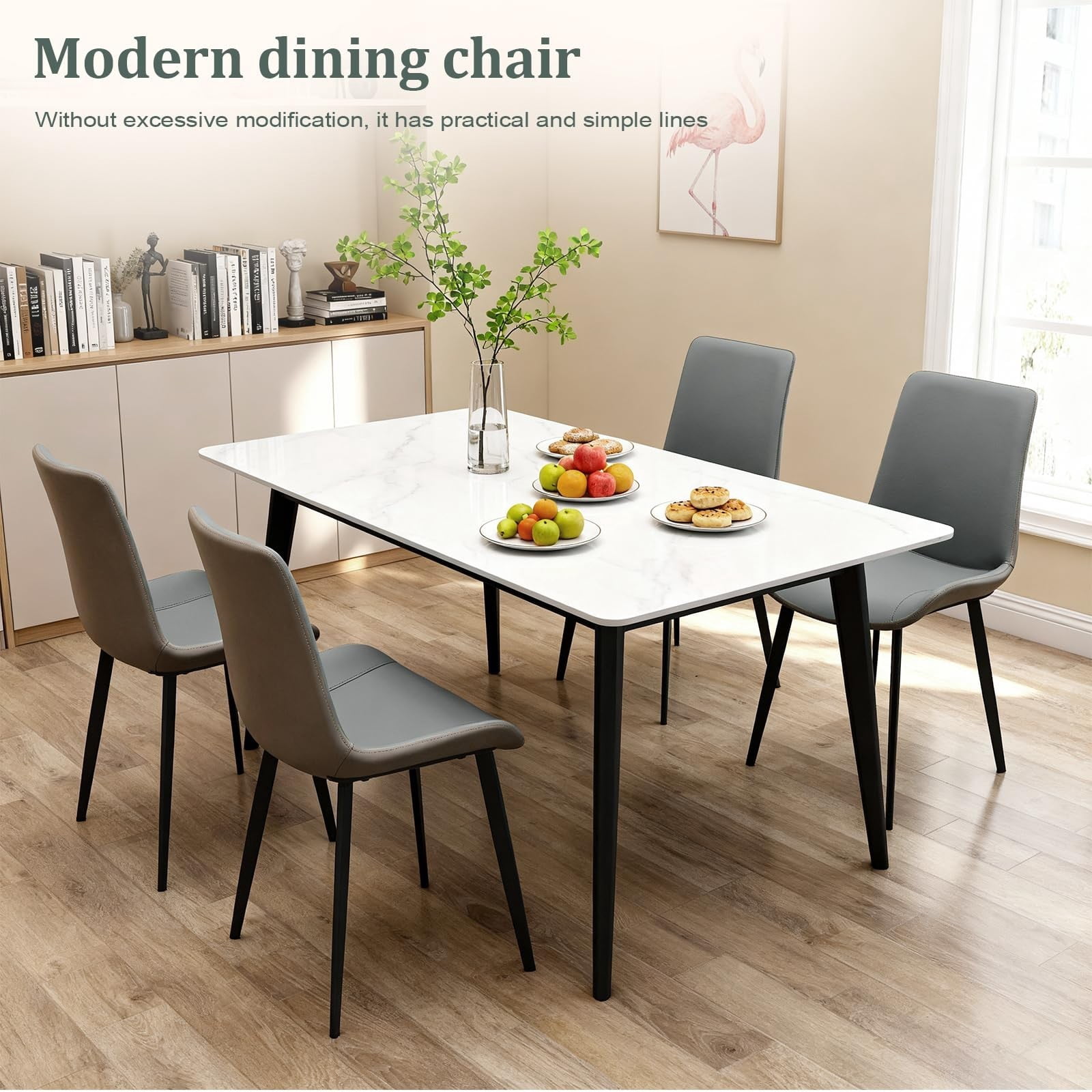 Light Grey & Dark Grey PU Leather Dining Chairs Set of 4, Modern Upholstered Kitchen Chairs with Metal Legs, Armless Side Chairs for Dining Room, Restaurant, Living Room & Meeting Room