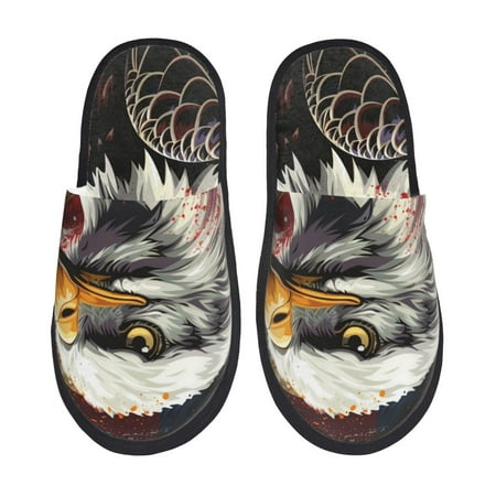 Balery Retro American Eagle A Slient Indoor Furry Fleece Comfort House Shoes Soft Non-Slip Home Shoes Cotton slippers House Slippers-- Large