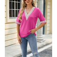 thumbnail image 6 of Women's Casual 3/4 Sleeve Shirts Lace V Neck Color Block Dressy Tops Trendy Hollow Floral Blouses T Shirts S-XXL, 6 of 8