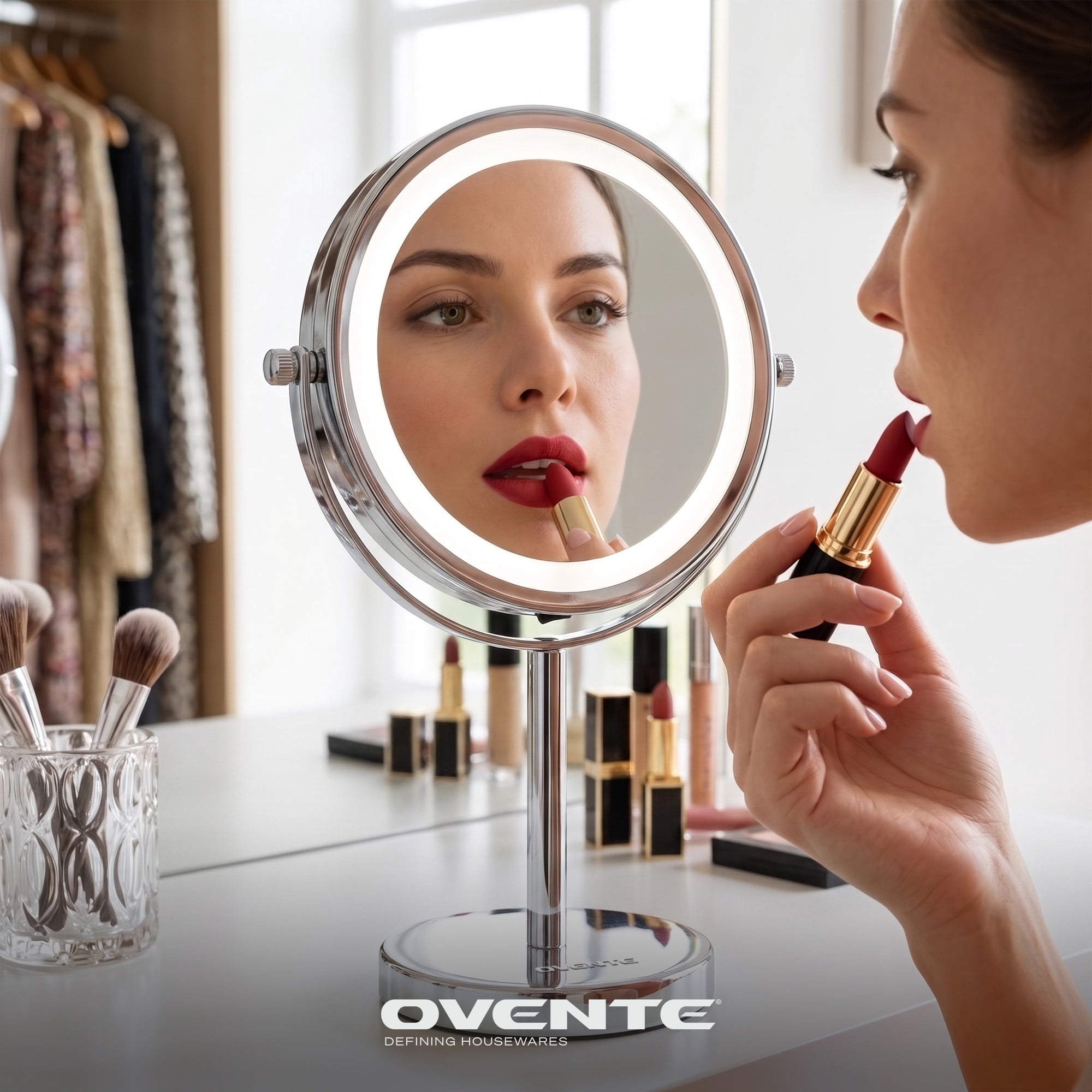 OVENTE 6" Lighted Makeup Mirror with 1X/7X Magnification, Cordless Tabletop Mount Vanity Round Mirror with 360° Swivel Design and Double Sided Cool Tone LED Ring Light, Polished Chrome MLT60CH1X7X