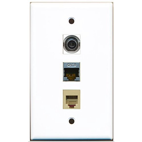RiteAV - 1 Port Phone RJ11 RJ12 Beige and 1 Port Shielded Cat6 Ethernet and 1 Port 3.5mm Wall Plate