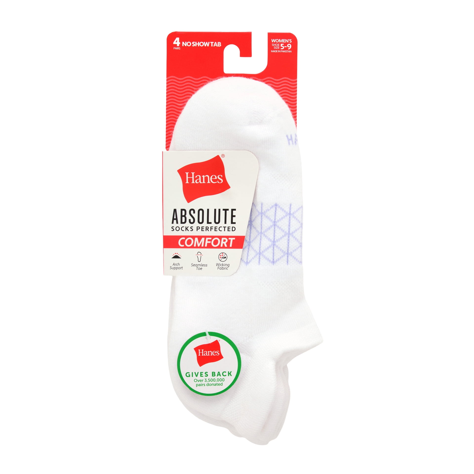 Hanes Womens Absolute Comfort No-Show Socks w/ Heel Shield, 4-Pack, Size 5-9