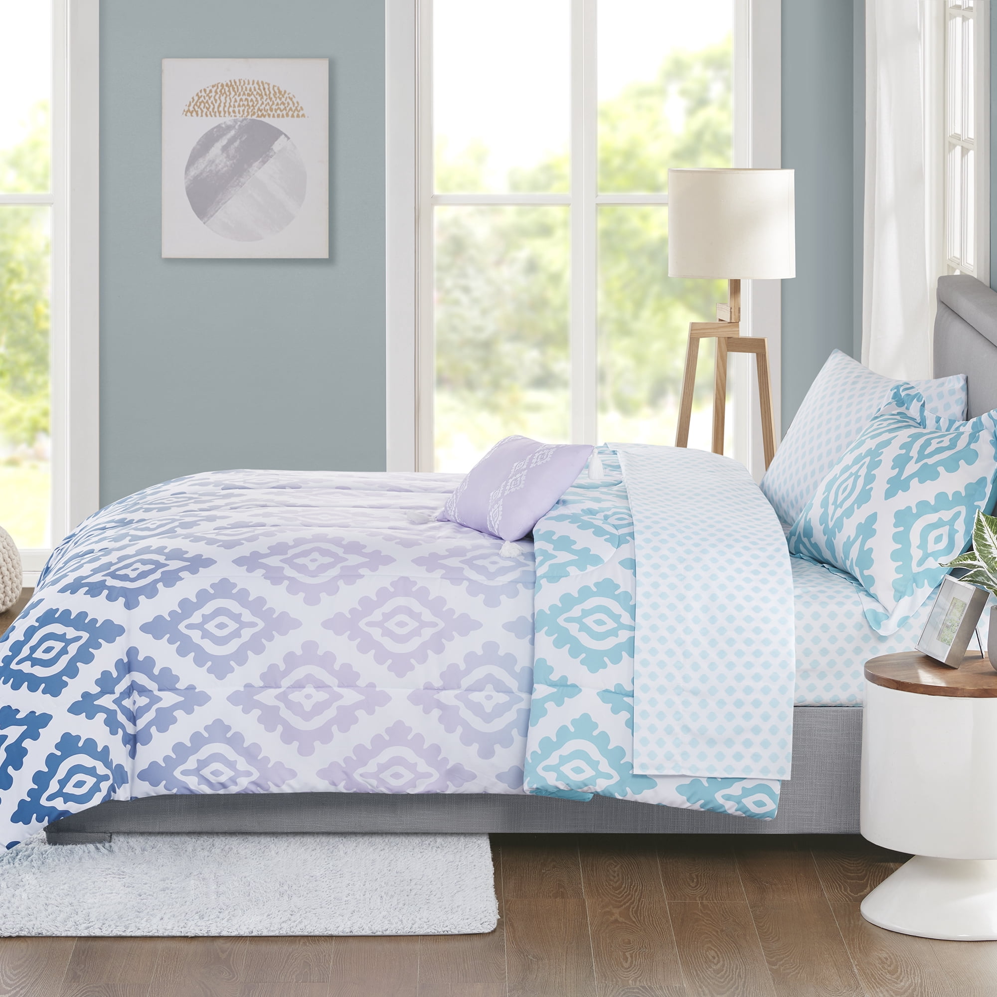 Mainstays Teal and Purple 6 Piece Bed in a Bag Comforter Set with Sheets, Twin/Twin XL