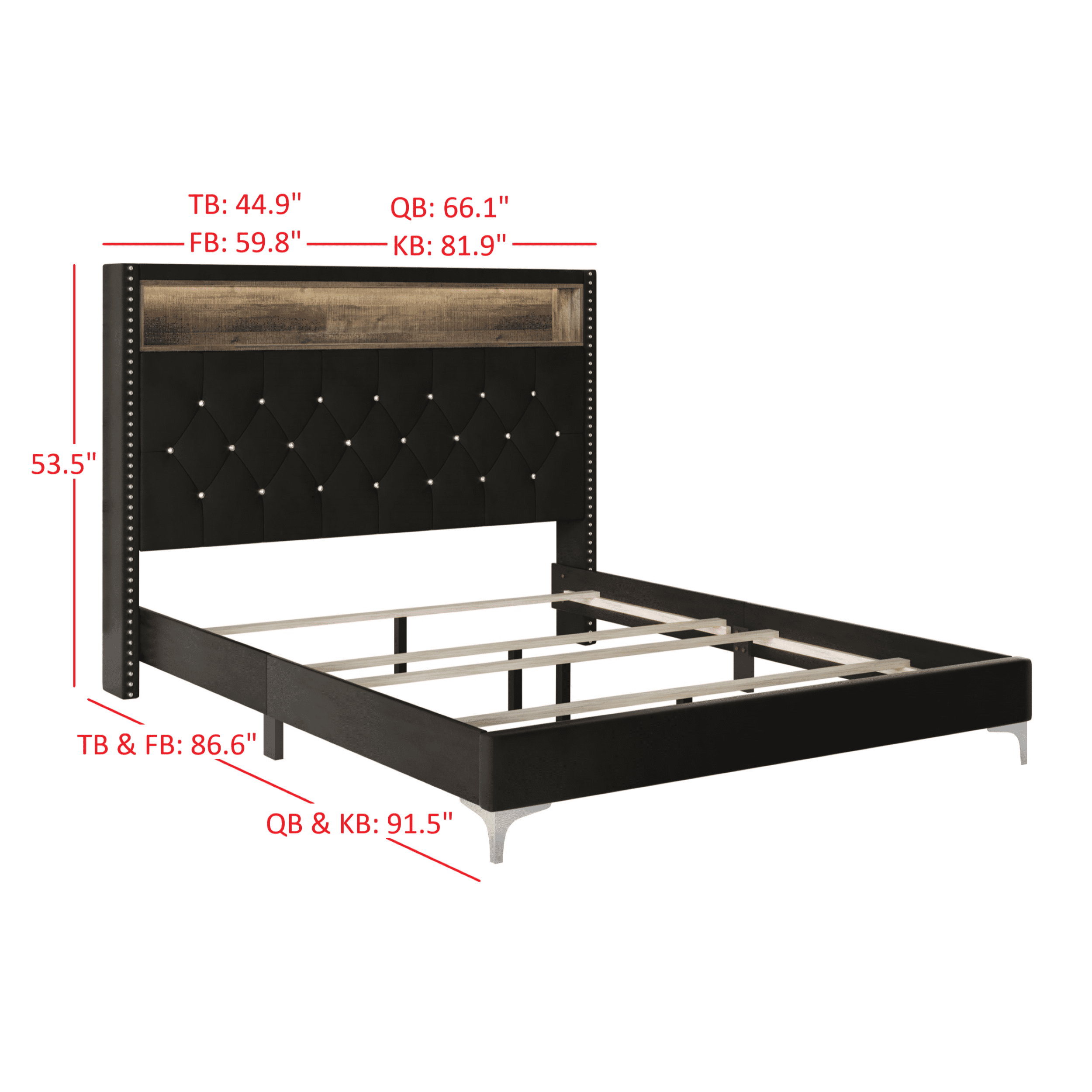 Home Design Javan King Velvet Upholstered Bookcase Panel Bed Frame for Adult, Black, Easy Assembly