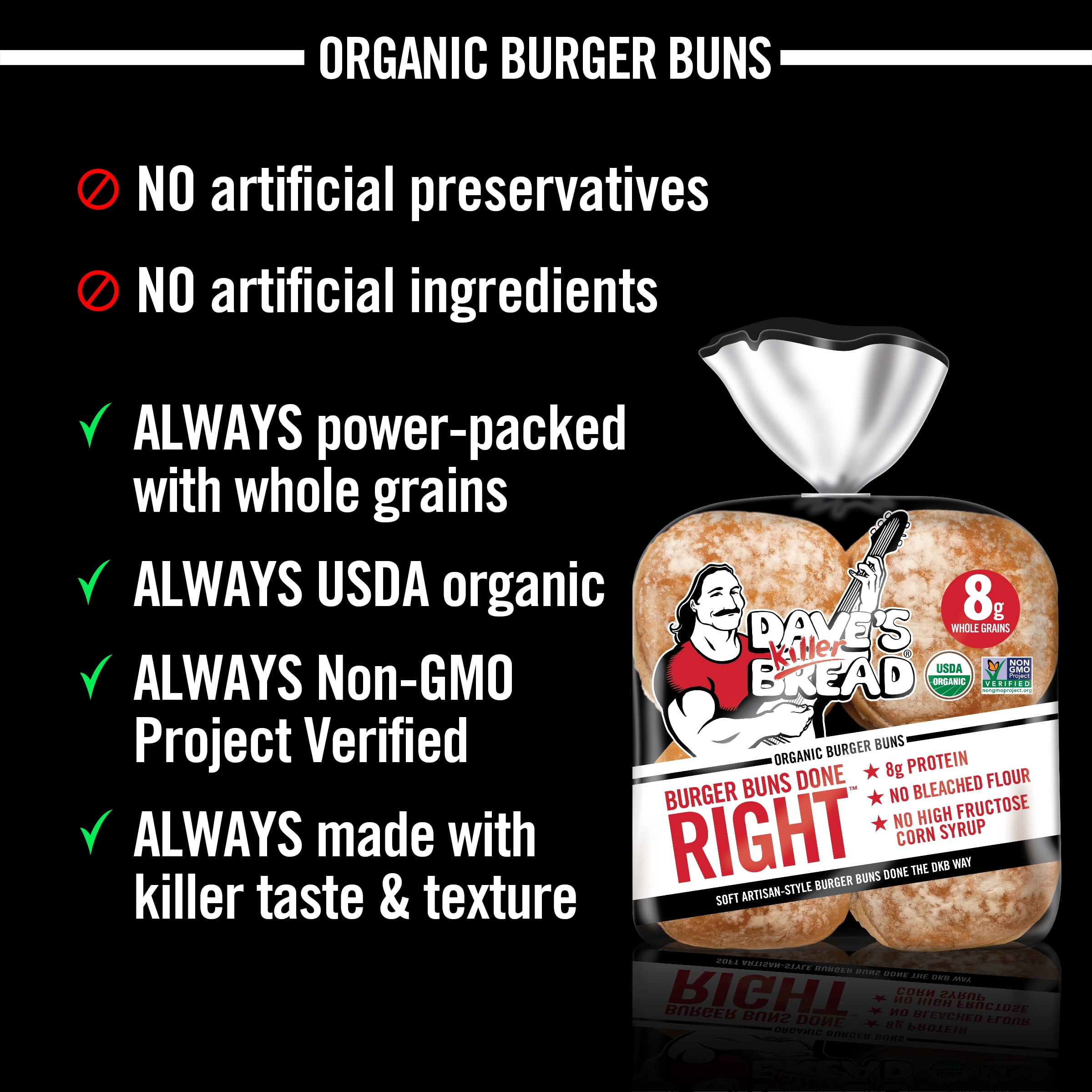 Dave's Killer Bread Burger Buns Done Right, Organic Hamburger Buns, 8 Ct,  17.6 oz, Shelf-Stable