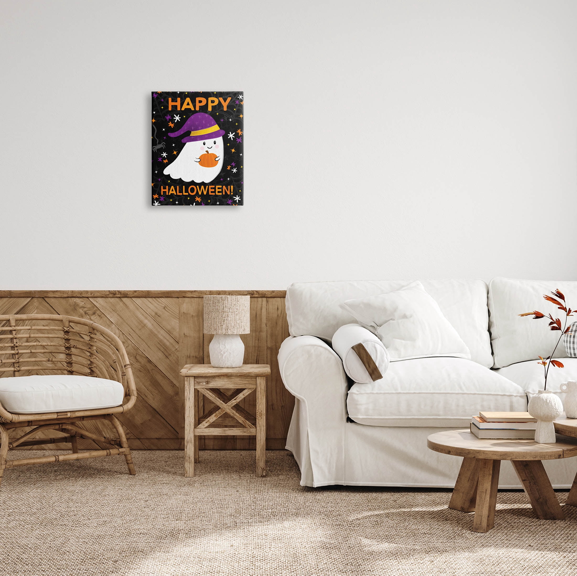 Stupell Industries Happy Halloween Happy Ghost Graphic Art Gallery Wrapped Canvas Print Wall Art, Design by Emily Cromwell