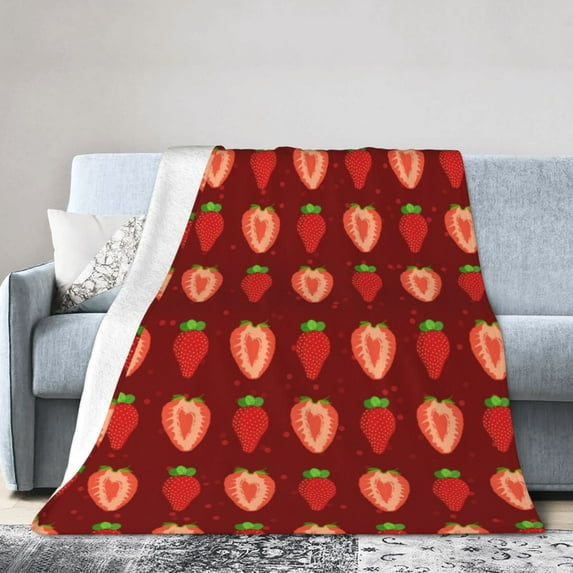 DouZhe Ultra-Soft Micro Fleece Lightweight Flannel Bed Blanket, Red Strawberry Fruit Print Cozy Warm Throw Blankets, 60"x50"