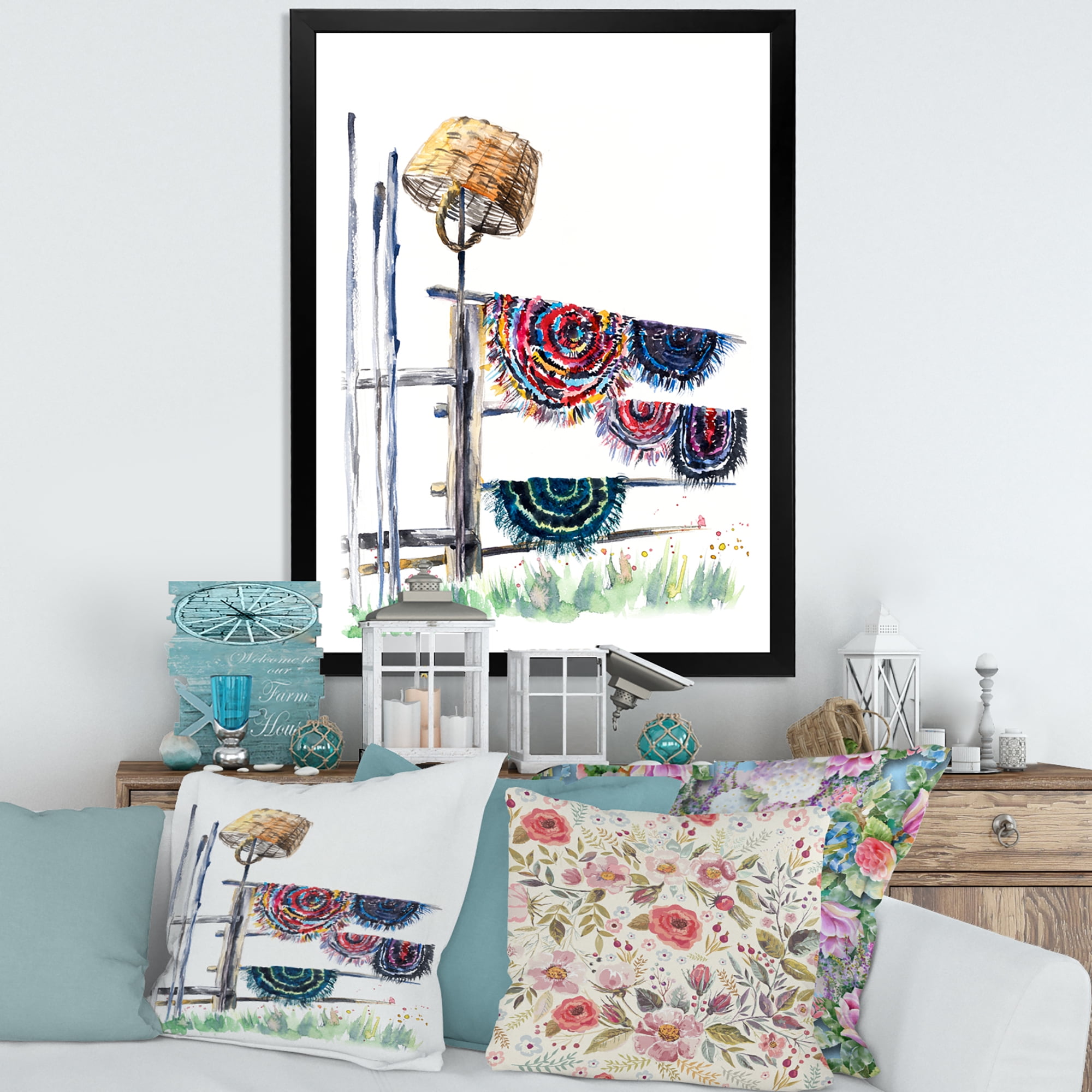 Designart 'Colorful Russian Rugs On Drying Line' Global Framed Art Print