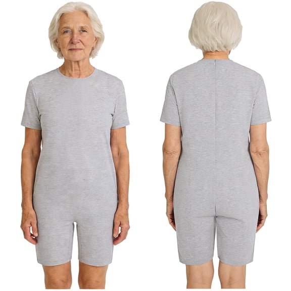 Aislor Unisex Alzheimer Anti-Strip Jumpsuit Short Sleeve Short Bottom Back Zipper One-piece Rompers Grey S