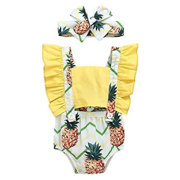 Styles I Love Baby Girl Pineapple Print Ruffle Open Back Romper Sunsuit with Headband 2pcs Set Summer Outfit