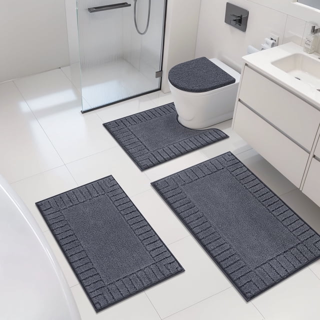 MeyJey Juego de 4 Tapetes de Baño, Tapetes de Baño, Tapete de Baño de Microfibra Antideslizante, Ultra Suave, con Contorno en Forma de U, Tapete de Baño para Baño, Ducha en el Suelo, Gris Oscuro