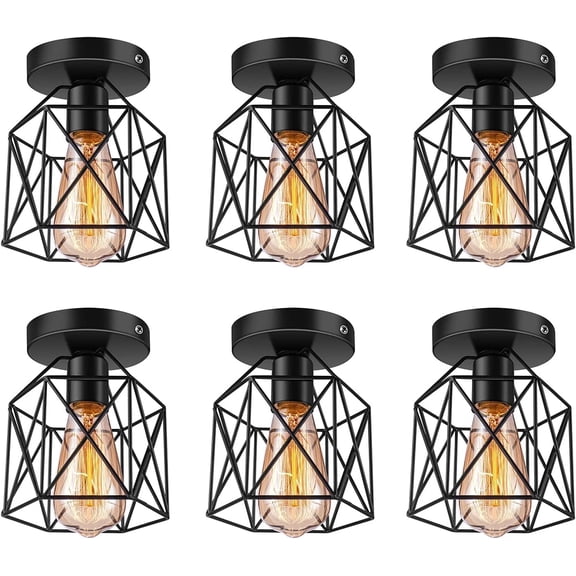 6 Pcs Retro Black Industrial Light Fixture,Vintage Flush Mount Ceiling Light,Mini Metal Rustic Ceiling Lamp for Porch,Hallway,Kitchen,Stairway