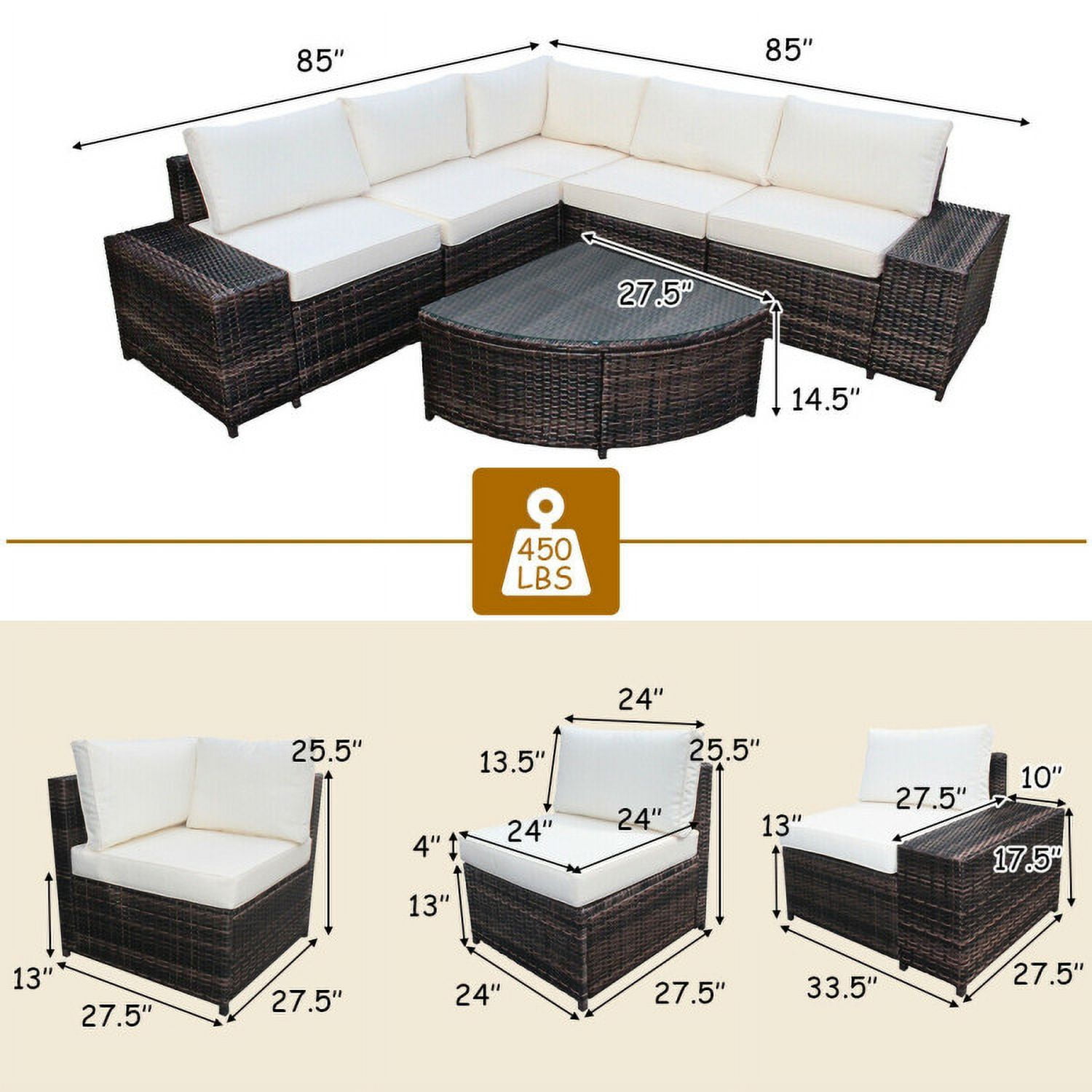 Aimee Lii 6 Piece Wicker Patio Sectional Sofa Set with Tempered Glass Coffee Table, Outdoor Deck Furniture, White