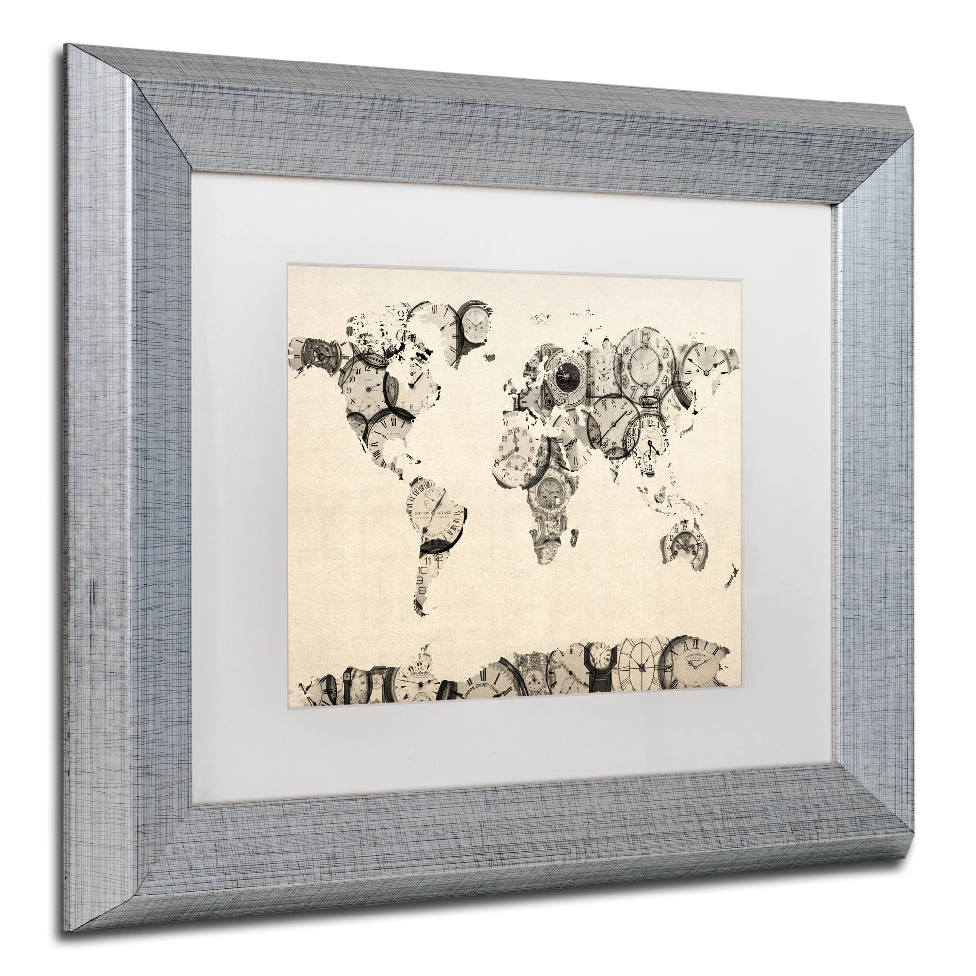Trademark Fine Art "Old Clocks World Map" Canvas Art by Michael Tompsett White Matte, Silver Frame