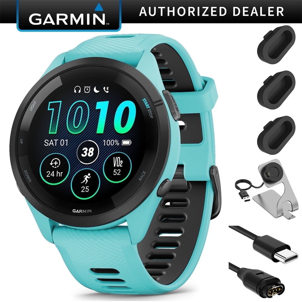 Garmin Forerunner 265 GPS Smartwatch, Aqua/Black Bundle with Deco Essentials Charging Dock for Garmin Venu 3 + Silicone Dust Cover + USB Type C Charging and Sync Cable