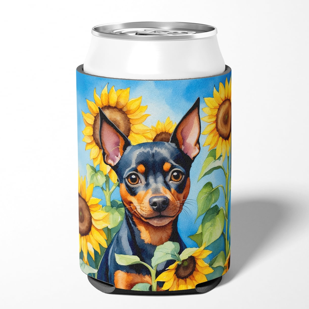 Miniature Pinscher in Sunflowers Can or Bottle Hugger 3 in x 5 in