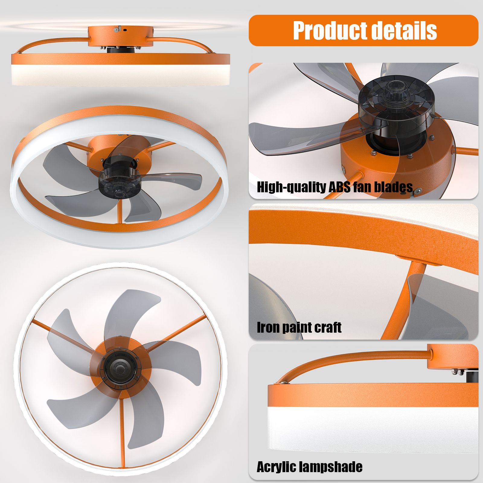 Aukfa 20" Bladeless Ceiling Fan with Light and Remote, Flush Mount Enclosed Design, Dimmable 3 LED Light Colors, Orange