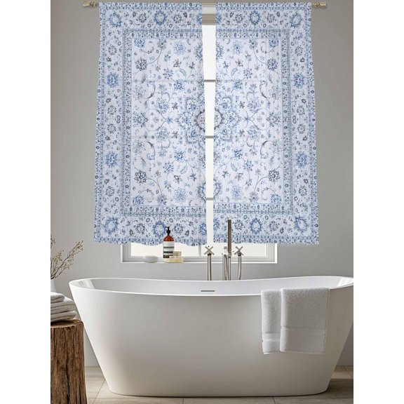 Boho Retro Blue Flower Leaves Pattern Chiffon Sheer Curtains 63 Inches Long Rustic Seamless Floral Rod Pocket Window Curtains Voile Drapes Curtains for Living Room Bedroom,2 Panels