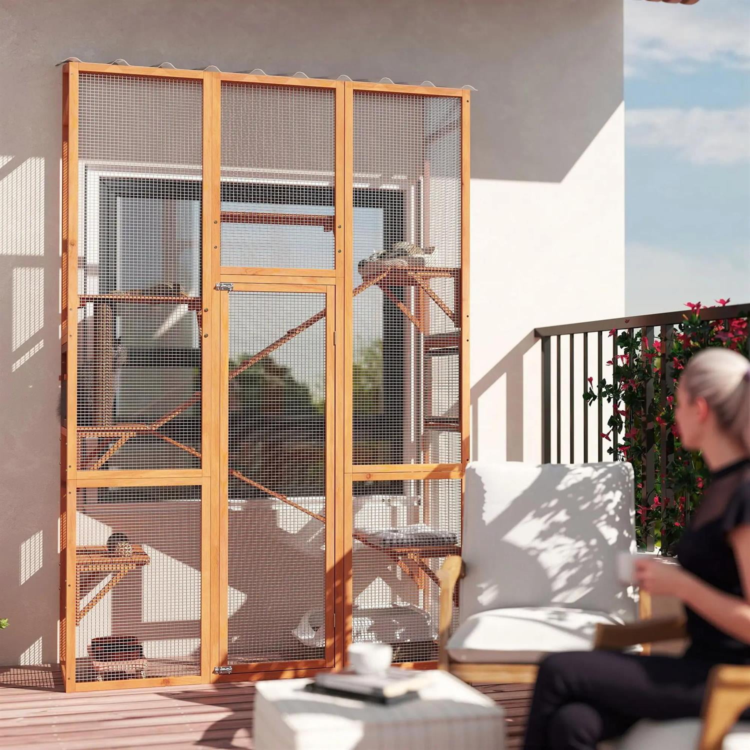 Pefilos 99" Outdoor Weatherproof Cat Cage with 6 Jumping Platforms, Scratching Post, 2 Ramps, Wooden Feral House for 2-3 Kittens Cats, Orange