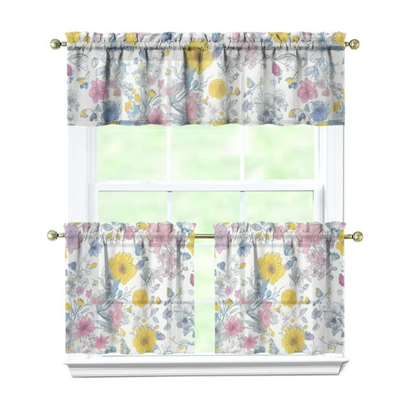 Pioneer Kitchen Curtains and Valance Set 24 Inch Tier Floral Flowers Curtains Small Drapes for Cafe Living Room Bathroom Farmhouse 3 Pieces Set Rod Pocket