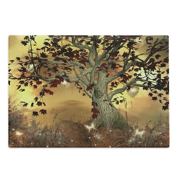 Tree Cutting Board, Lonely Themed Composition Ornamentation in Earthy Color Tones Art, Decorative Tempered Glass Cutting and Serving Board, Large Size, Amber Fawn Burgundy, by Ambesonne