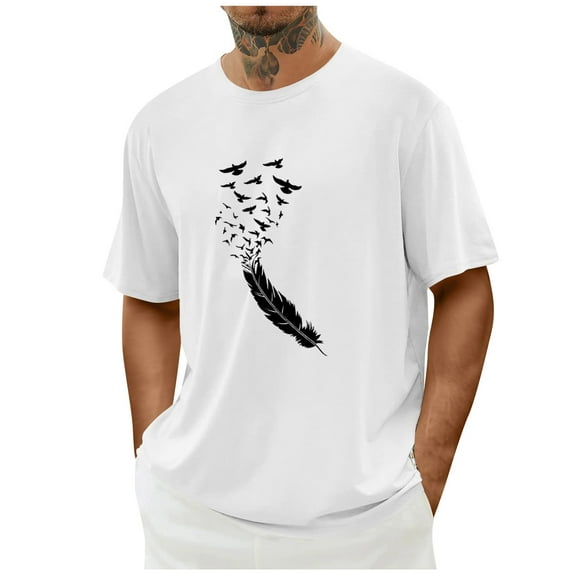 HOOJT T-Shirt Men's Summer Short Sleeve T-Shirt Fashion Feather Print Shirt Classic Flowing Loose Mens Blouses Pullover Tops