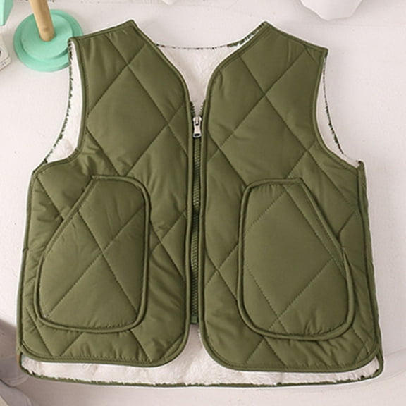 ZHOGXU Big Girls Boys Vest Jacket With Pocket Sleeveless Zipper Solid Color Plush Warm Lightweight Comfortable Coat For Fall Winter Daily Wear Army Green 3-4 Years