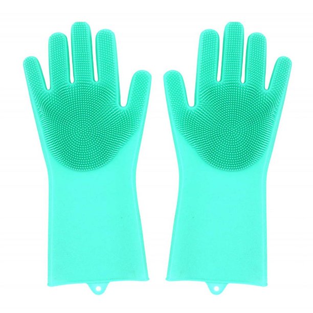 Guantes mágicos de silicona reutilizables con cepillo de limpieza, herramienta de cocina para limpieza, hogar, lavavajillas, coche, (1 par) (verde)